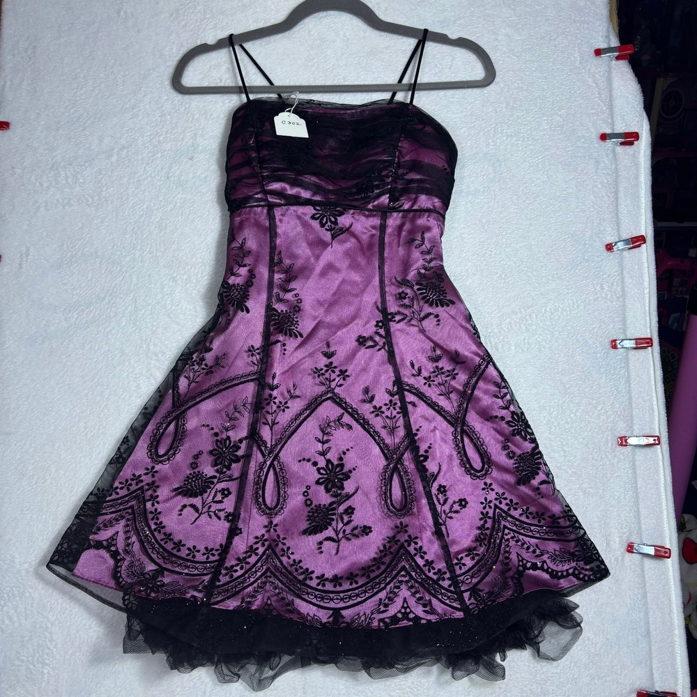 Morgan & Co Mini Dress Womens 3/4 Purple Gothic Y2K Glitter Mesh Corset Back